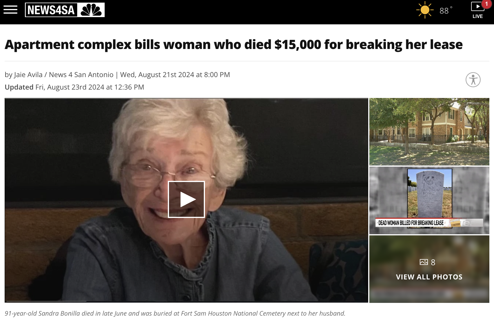 screenshot - NEWS4SA Apartment complex bills woman who died $15,000 for breaking her lease by Jaie Avila News 4 San Antonio | Wed, August 21st 2024 at Updated Fri, August 23rd 2024 at 91yearold Sandra Bonilla died in late June and was buried at Fort Sam H